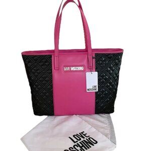 Love Moschino Quilted Tote Black Pink Shoulder Bag Gold Hardware